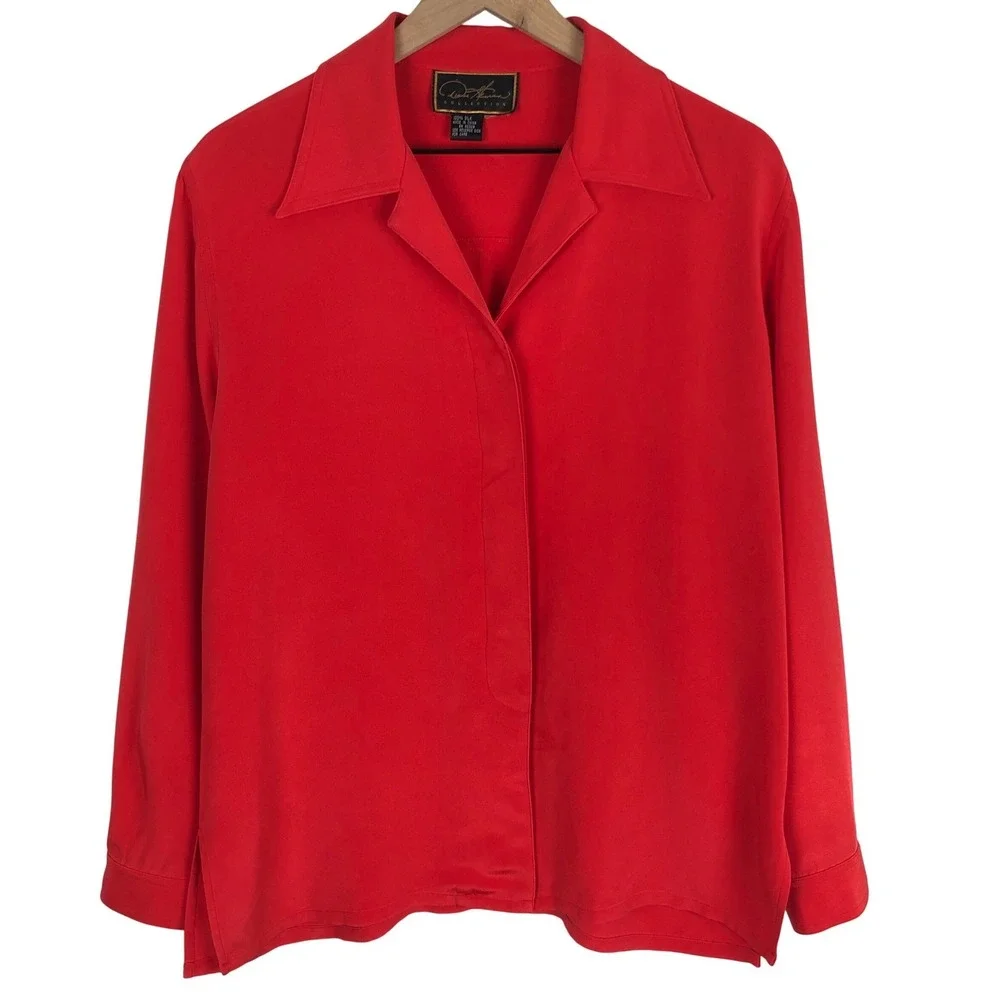 DIANE GILMAN Collection 100% Silk Long Sleeve Button Up Blouse Sz XL Red Heavy